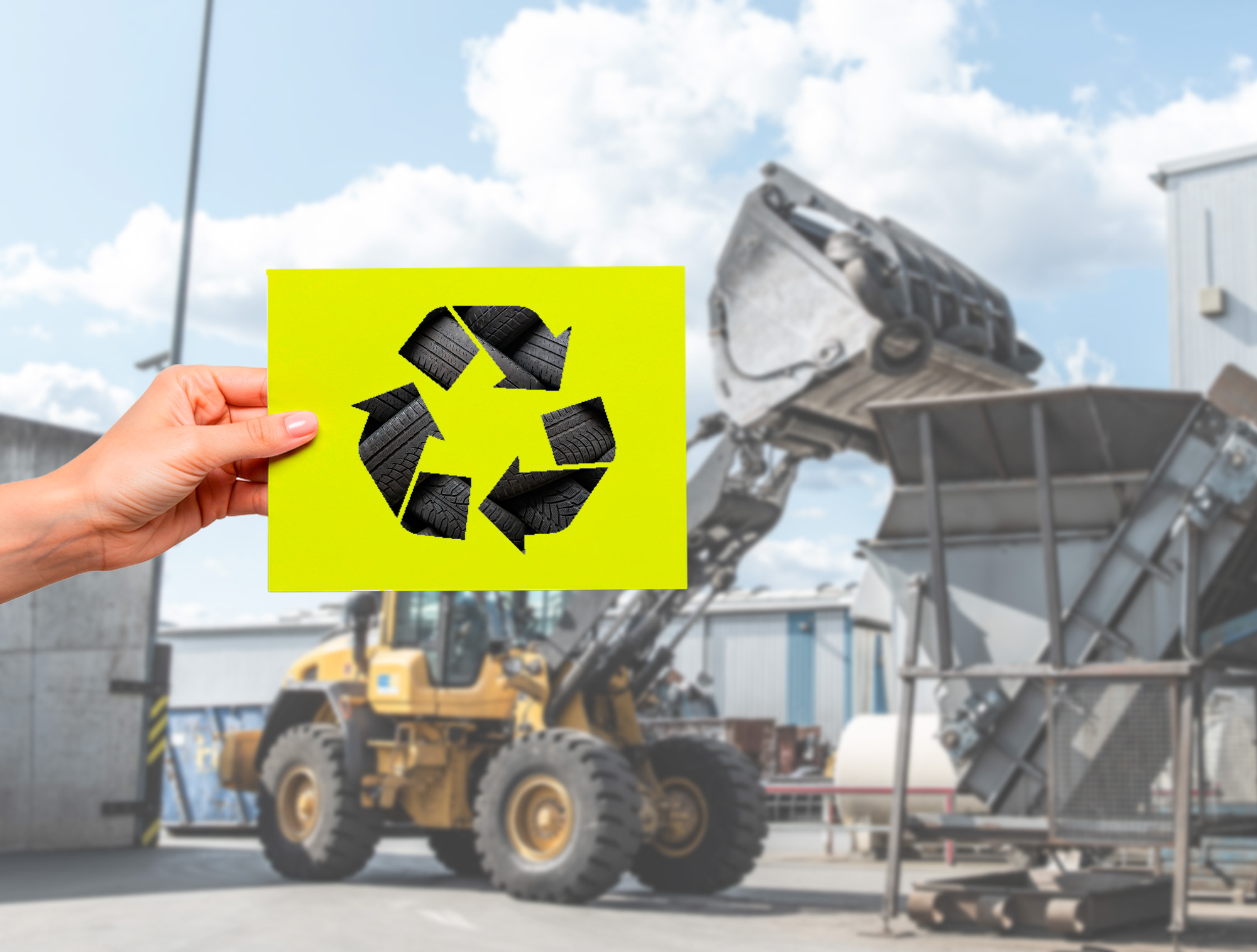 Radlader beim Recycling von Altreifen mit Recycling-Symbol in der Hand als Zeichen für verantwortungsvolles Reifenrecycling